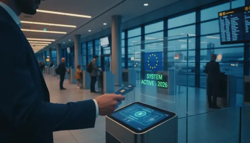 Uma fotografia realista de um viajante segurando um passaporte eletrônico ao lado de um terminal digital em um aeroporto europeu, exibindo na tela o logotipo azul da autorização ETIAS com o texto informativo de sistema ativo em 2026.