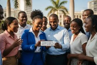 Grupo diversificado de profissionais da função pública em Luanda, incluindo uma professora e um administrativo, demonstrando optimismo e alívio ao consultar o telemóvel num pátio ensolarado com a icónica Marginal de Luanda ao fundo.