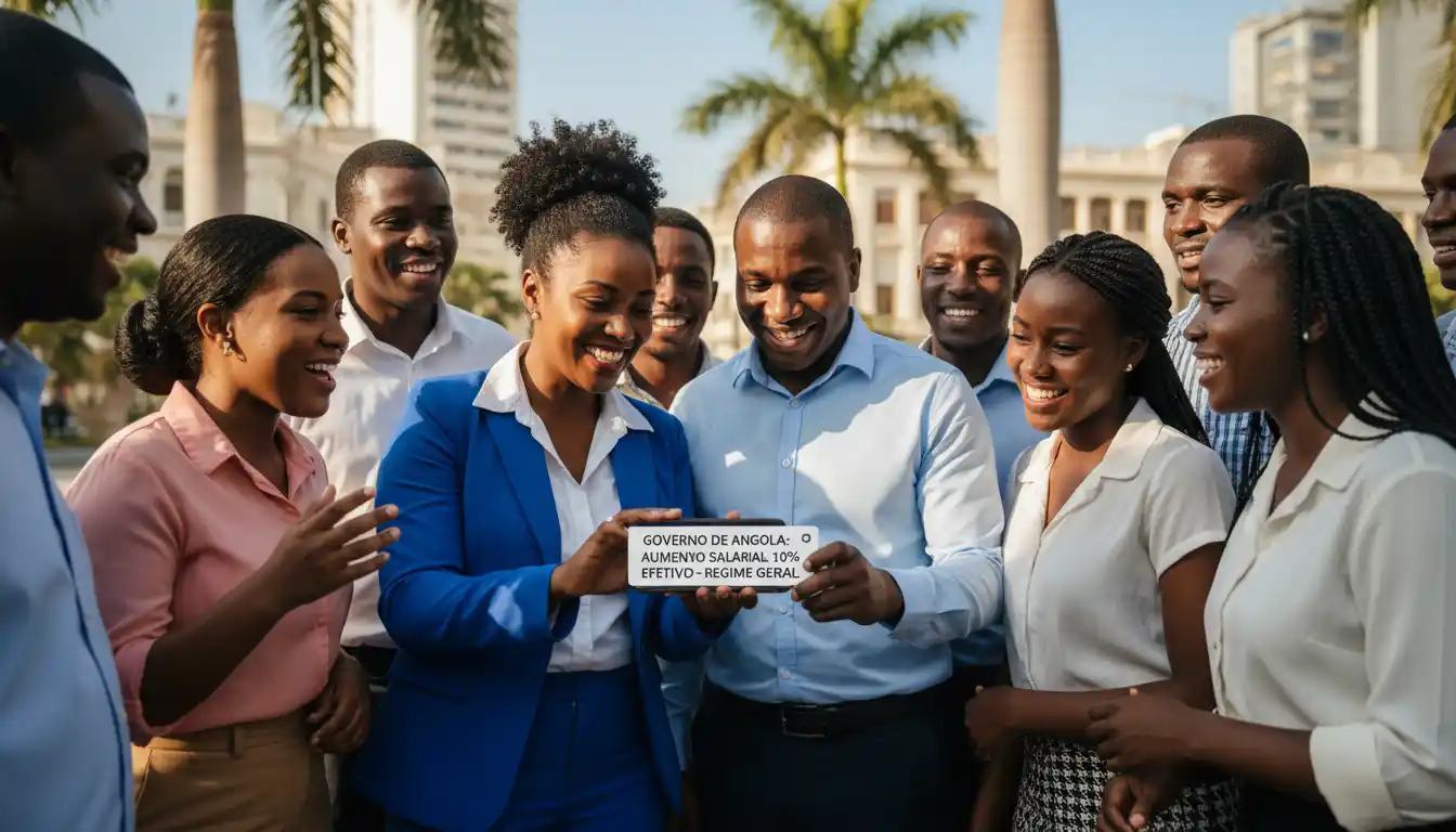 Grupo diversificado de profissionais da função pública em Luanda, incluindo uma professora e um administrativo, demonstrando optimismo e alívio ao consultar o telemóvel num pátio ensolarado com a icónica Marginal de Luanda ao fundo.