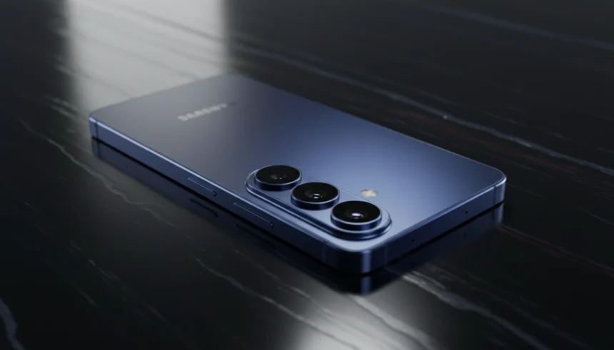 Uma fotografia detalhada e realista do Samsung Galaxy S26 Plus repousando sobre uma superfície de obsidiana escura, destacando sua moldura de titânio e o conjunto de câmeras triplas sob iluminação cinematográfica.