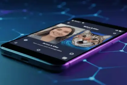 Interface de celular mostrando selfie transformada em meme hilariante pela IA no Google Fotos me meme.