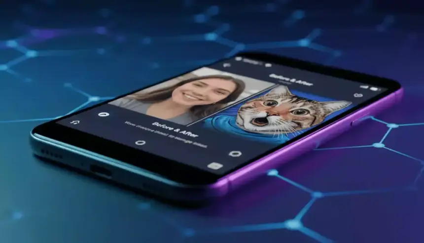 Interface de celular mostrando selfie transformada em meme hilariante pela IA no Google Fotos me meme.