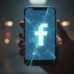 Logo do Facebook em pó digital na tela 3D. Google One armazenamento não atualizou em cenário escuro cinematográfico.