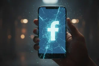 Logo do Facebook em pó digital na tela 3D. Google One armazenamento não atualizou em cenário escuro cinematográfico.