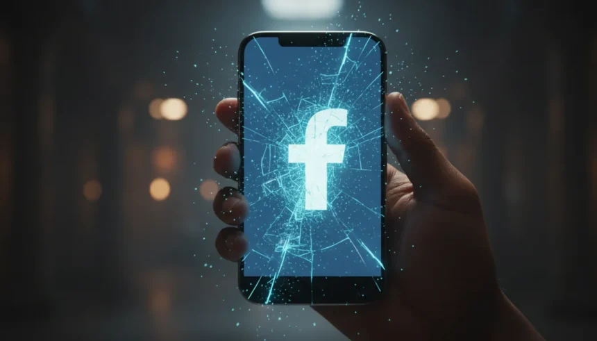 Logo do Facebook em pó digital na tela 3D. Google One armazenamento não atualizou em cenário escuro cinematográfico.