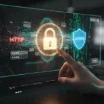 Uma interface digital de alta tecnologia ilustrando a diferença entre HTTP vs HTTPS, exibindo um cadeado dourado central, um símbolo HTTP vermelho com falhas e um escudo HTTPS radiante protegendo dados de cartões de crédito.