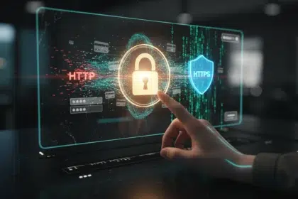 Uma interface digital de alta tecnologia ilustrando a diferença entre HTTP vs HTTPS, exibindo um cadeado dourado central, um símbolo HTTP vermelho com falhas e um escudo HTTPS radiante protegendo dados de cartões de crédito.