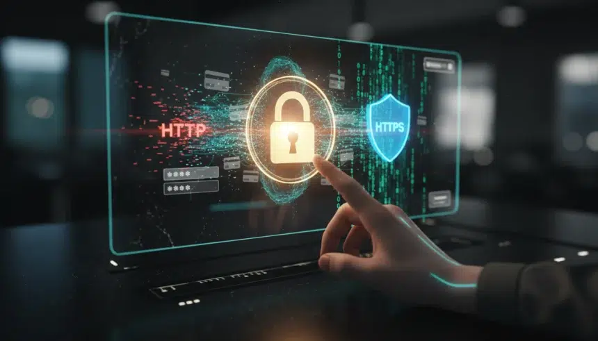 Uma interface digital de alta tecnologia ilustrando a diferença entre HTTP vs HTTPS, exibindo um cadeado dourado central, um símbolo HTTP vermelho com falhas e um escudo HTTPS radiante protegendo dados de cartões de crédito.