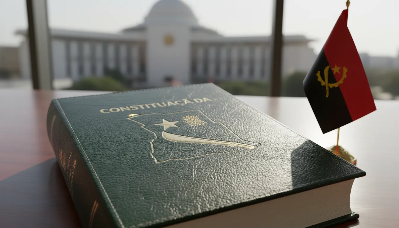 Martelo de juiz e balança sobre livros da legislação angolana com as cores e o brasão da bandeira nacional.
