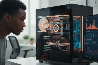 Gráficos de desempenho e sensores térmicos para monitorar a temperatura do PC e prevenir danos ao hardware.