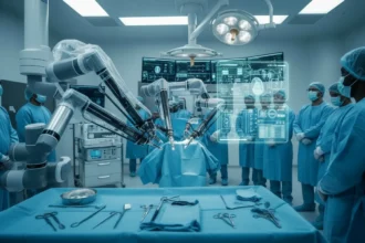 Braços robóticos de alta precisão na Primeira Cirurgia Robótica do Complexo Dom Alexandre em 2026.