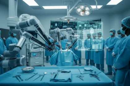 Braços robóticos de alta precisão na Primeira Cirurgia Robótica do Complexo Dom Alexandre em 2026.