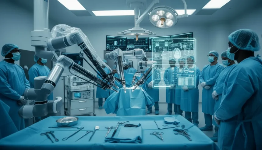 Braços robóticos de alta precisão na Primeira Cirurgia Robótica do Complexo Dom Alexandre em 2026.