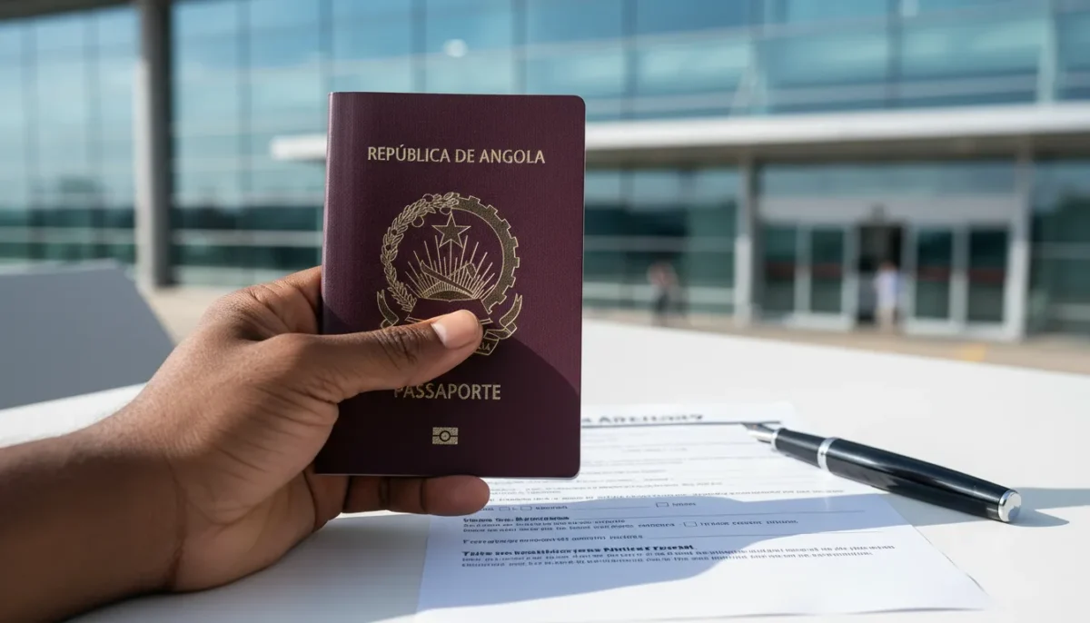 Bandeiras de Angola e EUA com carimbo de passaporte, destacando novas restrições de vistos dos EUA para 2026.