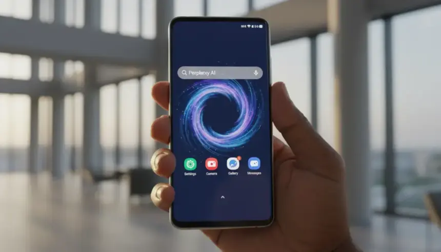 Samsung Integra Perplexity AI na Bixby em um smartphone Galaxy com a interface futurista da One UI 8.5.