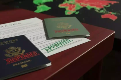 Selos de aprovação e carimbo de suspensão de vistos sobre passaportes do Brasil, Angola e Moçambique em uma mesa.