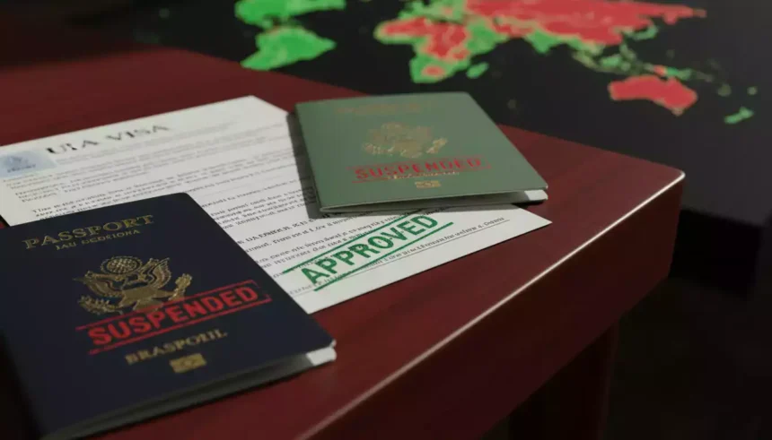 Selos de aprovação e carimbo de suspensão de vistos sobre passaportes do Brasil, Angola e Moçambique em uma mesa.