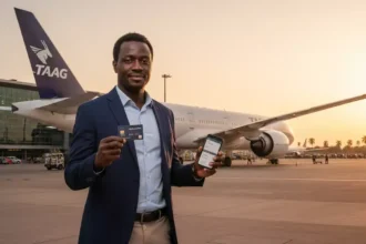 Parceria TAAG e Standard Bank: passagens em 6x sem juros no Leve Já, Pague Depois com avião ao fundo.