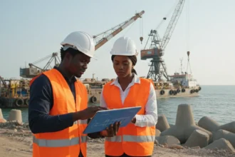 Profissionais da Tecnovia Angola em obra de engenharia marítima com guindastes e estrutura portuária ao fundo.