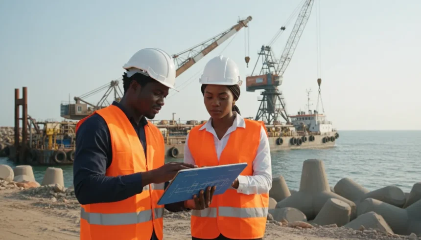 Profissionais da Tecnovia Angola em obra de engenharia marítima com guindastes e estrutura portuária ao fundo.