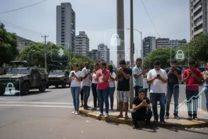 Venezuelanos descarregam VPNs e carteiras digitais em Caracas, usando celulares em meio a protestos e bloqueios de rede.