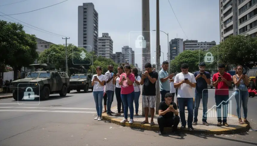 Venezuelanos descarregam VPNs e carteiras digitais em Caracas, usando celulares em meio a protestos e bloqueios de rede.