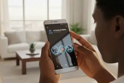 Interface de smartphone Android com o YouTube IA gerando avatares personalizados e jogos na tela do aplicativo.