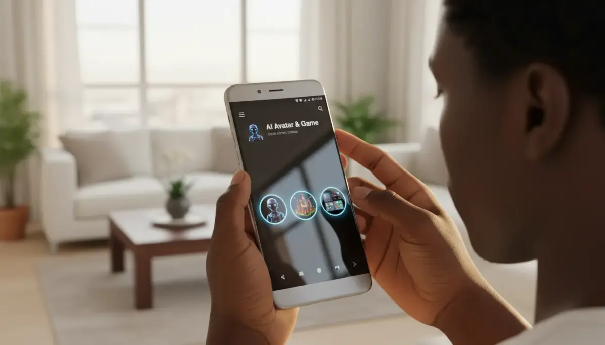 Interface de smartphone Android com o YouTube IA gerando avatares personalizados e jogos na tela do aplicativo.