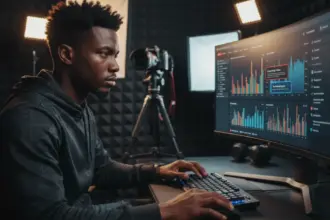 Criador analisa no monitor a YouTube nova política IA para evitar desmonetização do canal por conteúdos artificiais.