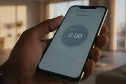 Smartphone com sinal de perigo e Alerta Android sobre vírus invisível que esvazia contas bancárias sem senha.