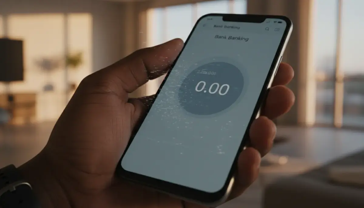 Smartphone com sinal de perigo e Alerta Android sobre vírus invisível que esvazia contas bancárias sem senha.