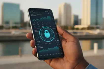 Smartphone exibe gráficos de apps de finanças em angola ao lado de um ícone de alerta sobre segurança digital.