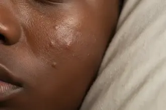 Zoom microscópico de bactérias na almofada em uma fronha suja comparada a uma sanita, destacando riscos à pele.