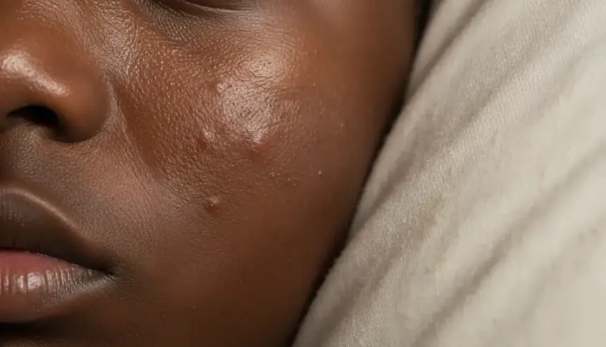 Zoom microscópico de bactérias na almofada em uma fronha suja comparada a uma sanita, destacando riscos à pele.