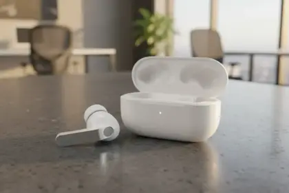 Fones de ouvido sem fio Samsung Buds4 Pro com design intra-auricular e estojo de carregamento compacto.