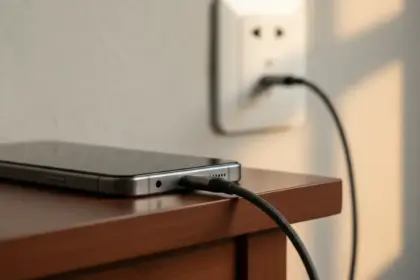 Smartphone Samsung S24 Ultra conectado ao carregador de tomada em carregamento rápido.