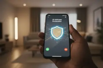 Smartphone recebe chamadas no WhatsApp com escudo sobre o mapa, ilustrando a barreira que oculta a localização.