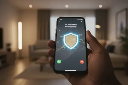 Smartphone recebe chamadas no WhatsApp com escudo sobre o mapa, ilustrando a barreira que oculta a localização.