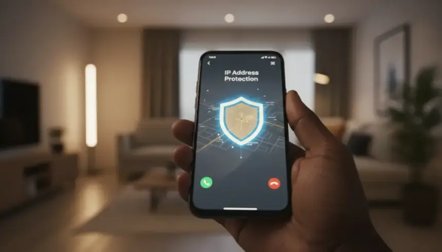 Smartphone recebe chamadas no WhatsApp com escudo sobre o mapa, ilustrando a barreira que oculta a localização.