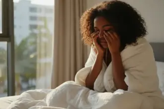 Pessoa com rinite espirrando na cama ao se cobrir com um edredão, sugerindo alergia causada por ácaros.