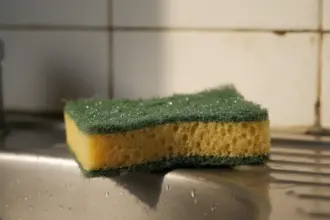 Esponja da cozinha amarela e úmida sobre a pia, com representação gráfica de bactérias acumuladas em sua superfície.