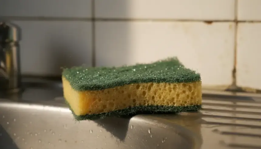 Esponja da cozinha amarela e úmida sobre a pia, com representação gráfica de bactérias acumuladas em sua superfície.