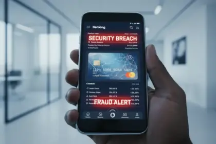 Smartphone com alerta de segurança e um esquema de fraude com cartões virtuais em destaque sobre fundo digital.