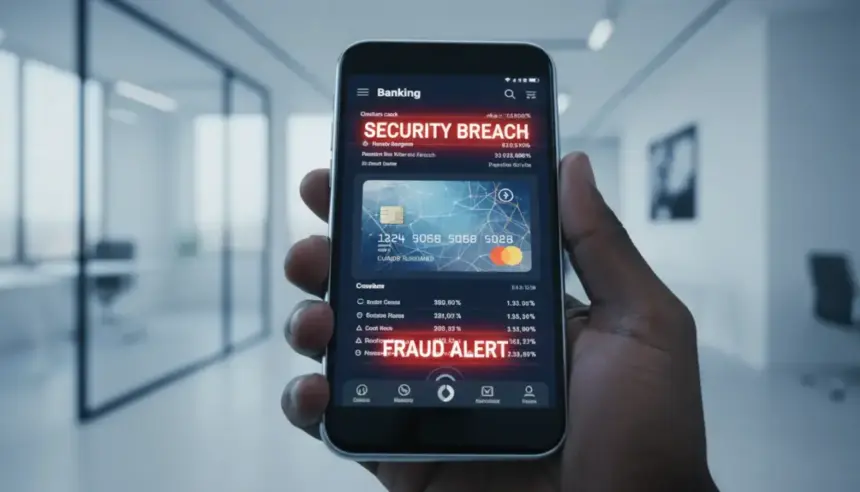 Smartphone com alerta de segurança e um esquema de fraude com cartões virtuais em destaque sobre fundo digital.