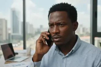 Empresário atende celular apreensivo, ilustrando a fraude deepfake voz usada por criminosos no golpe do falso chefe.