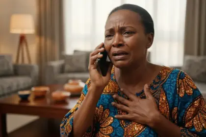 Smartphone exibe ondas sonoras e interface digital sobre golpes com clonagem de voz por IA que visam famílias.