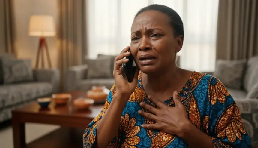 Smartphone exibe ondas sonoras e interface digital sobre golpes com clonagem de voz por IA que visam famílias.