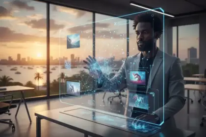 Banana miniatura renderizada pelo Google AI geração de imagens Nano banana com iluminação suave e estética tecnológica.