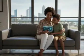 Interface com escudo digital e símbolo de IA. Google alerta pais sobre segurança e proteção de filhos em 2026.