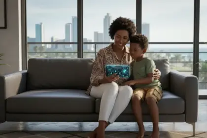 Interface com escudo digital e símbolo de IA. Google alerta pais sobre segurança e proteção de filhos em 2026.